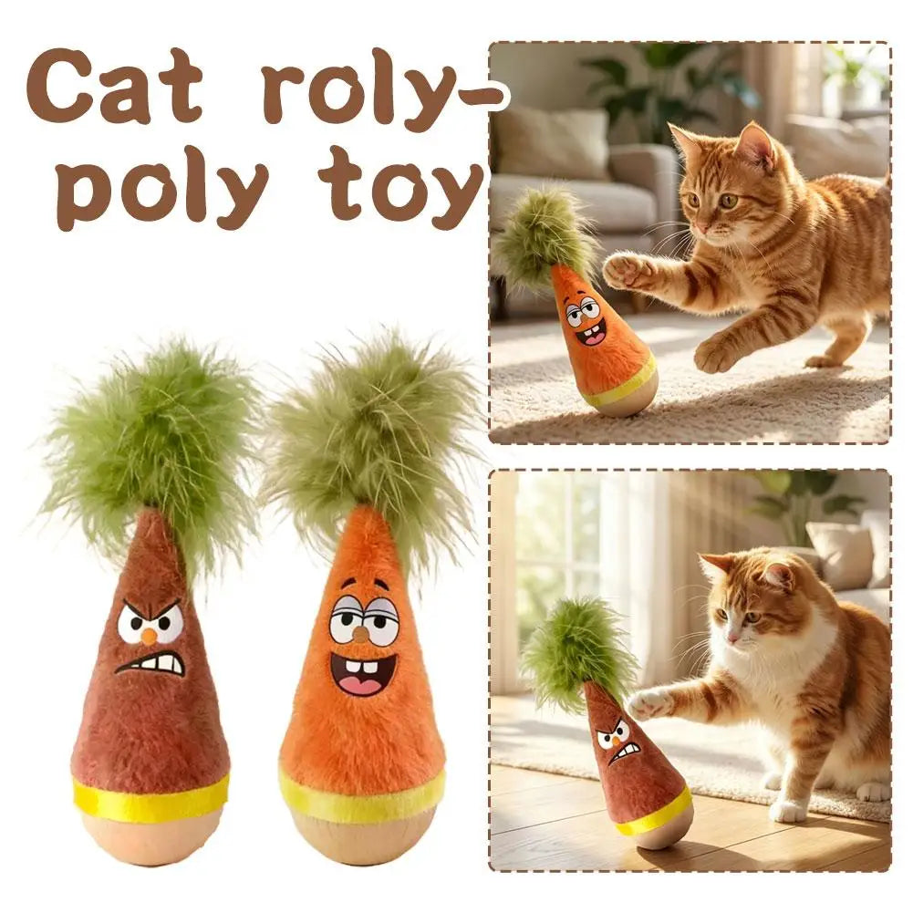 Cat Toy Soft Wooden Wobble Natural Beechwood Self Righting Tumbler – 1 Pack Angry & Happy Carrot Small H Dog No Squeaker Zpaxo