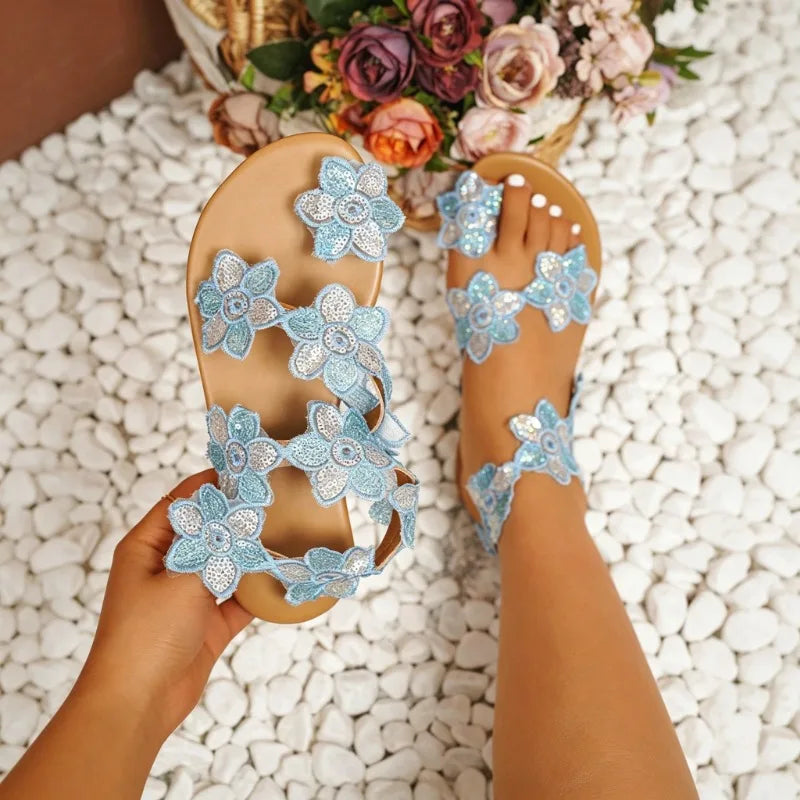 Women's Fish Mouth Toe Loop Flower Comfortable Sandals Women Hollow Zpaxo Blue 39