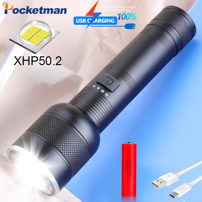 POCKETMAN XHP50 LED Tactical Flashlight – Rechargeable 18650/26650