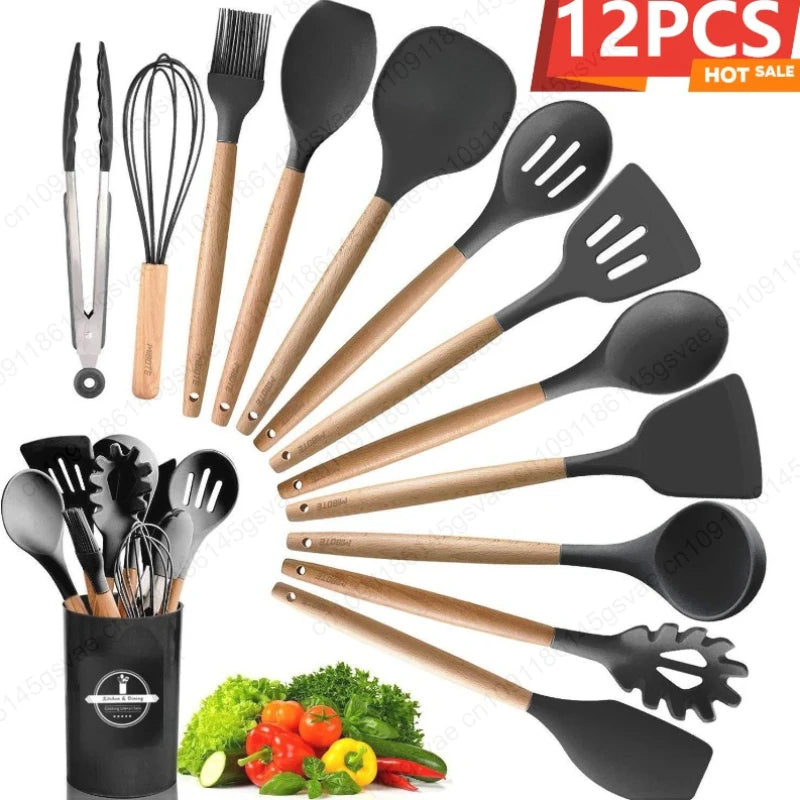 12Pcs/5pcs Silicone Kitchenware Non-Stick Cookware Kitchen Utensils Set Spatula Shovel Egg Beater Wooden Handle Cooking Tool Set Zpaxo