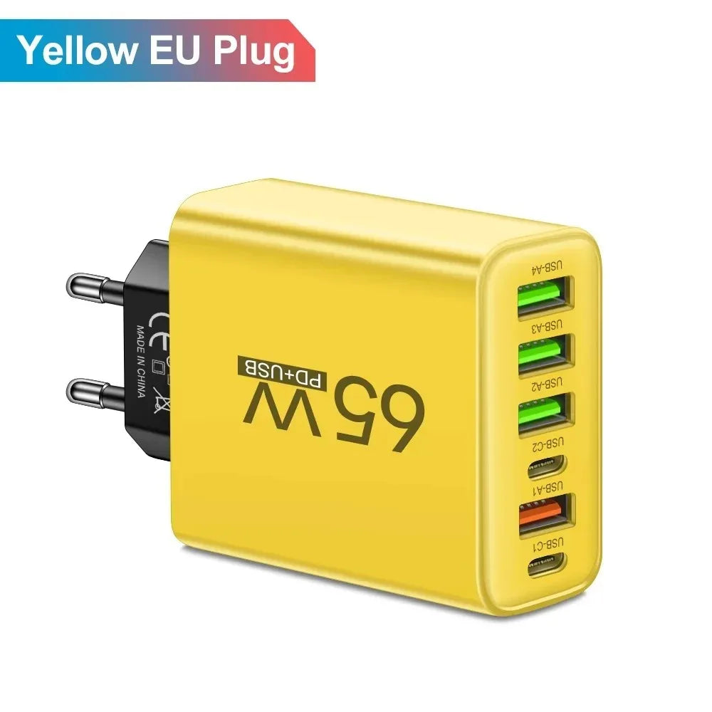 65W USB Charger Fast Charging Adapter for Xiaomi Samsung Huawei P70 iPhone Travel Mobile Phone Quick Charger Adaptor Zpaxo EU Plug Yellow