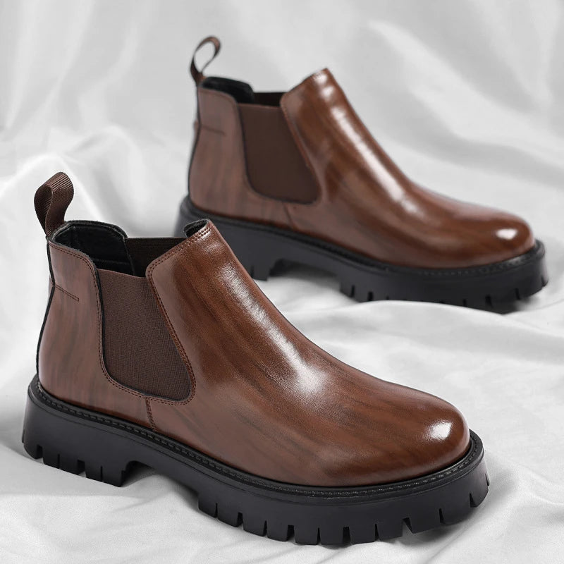 Mens Black Glossy Leather Chelsea Boots Elastic Gores Slip Chunky Zpaxo