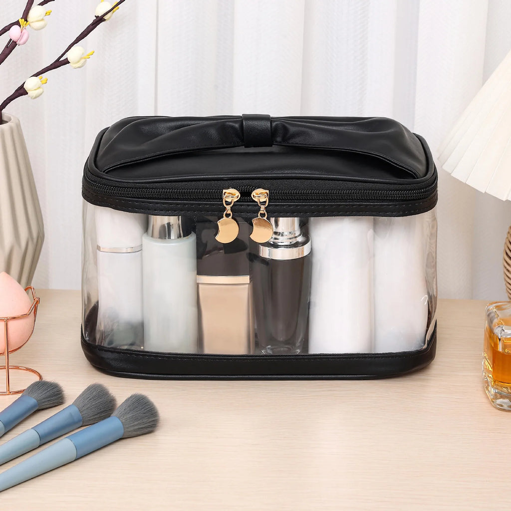 Clear PU Cosmetic Bag Butterfly Knot Large Capacity Toiletry