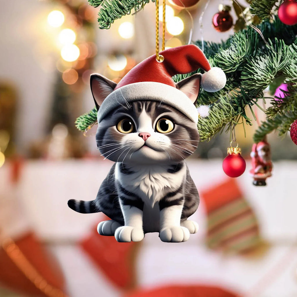 2D Acrylic Funny Cat Christmas Tree Ornament | Santa Hat
