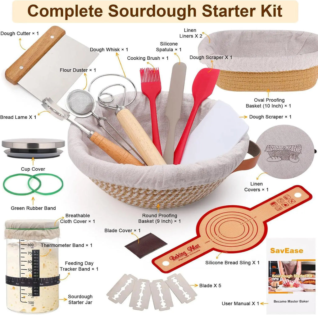 Sourdough Bread Baking Supplies Kit, 2 Pcs Banneton Proofing Baskets with Linen Liner, Complete Bread Making Tools Set with Doug Zpaxo