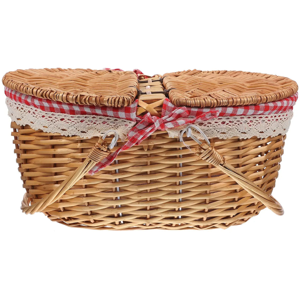 African Market Basket Handles Lid Wicker Woven Rustic Storage Bread