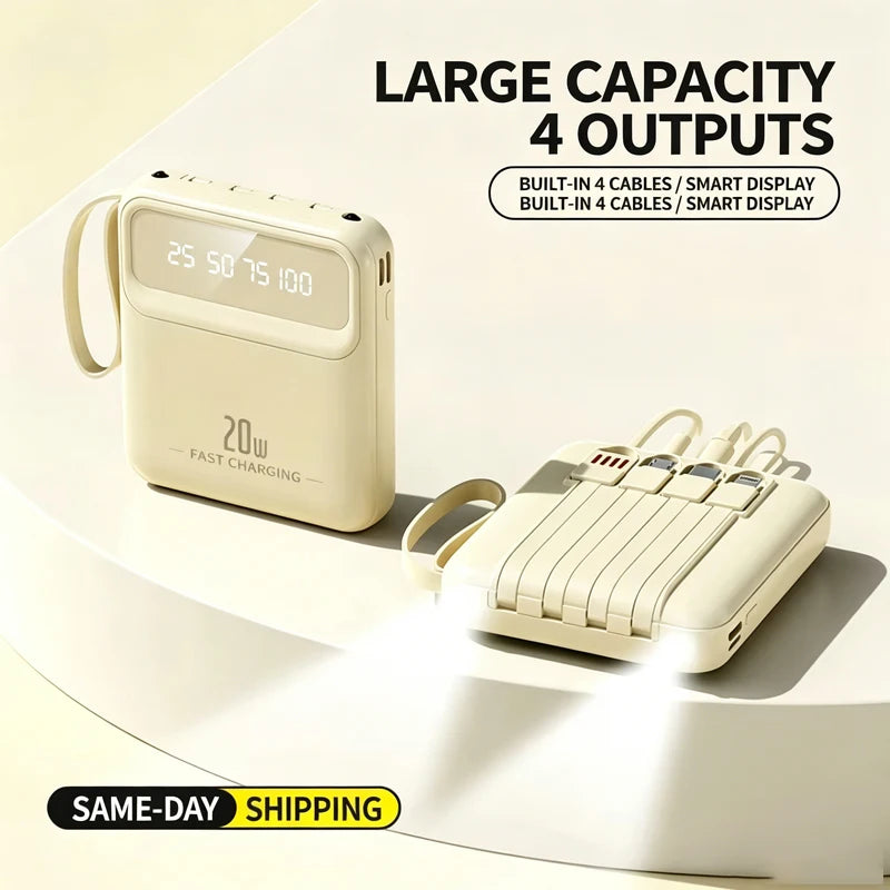 New 20000mAh Mini 4in1 Cable Portable Charger Fast Charging LED Digital Display Power Bank Suitable for IPhone Xiaomi Samsung Zpaxo