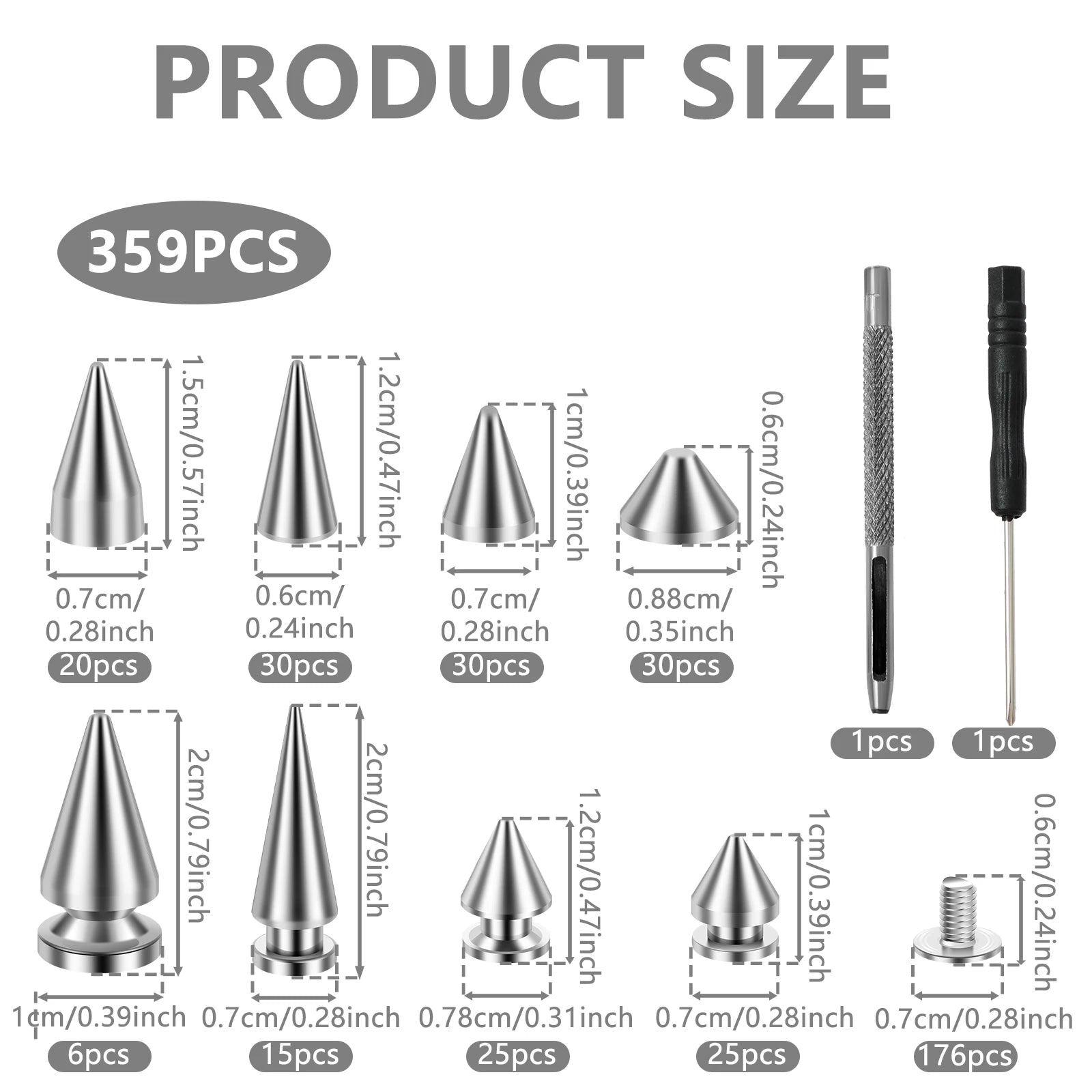 359PCS Round Cone Spikes Catalpa Alloy Screwback Punk Rivet Screw Back Studs and Spikes Kit DIY Clothes Leather Craft Accessorie Zpaxo silver-359PCS
