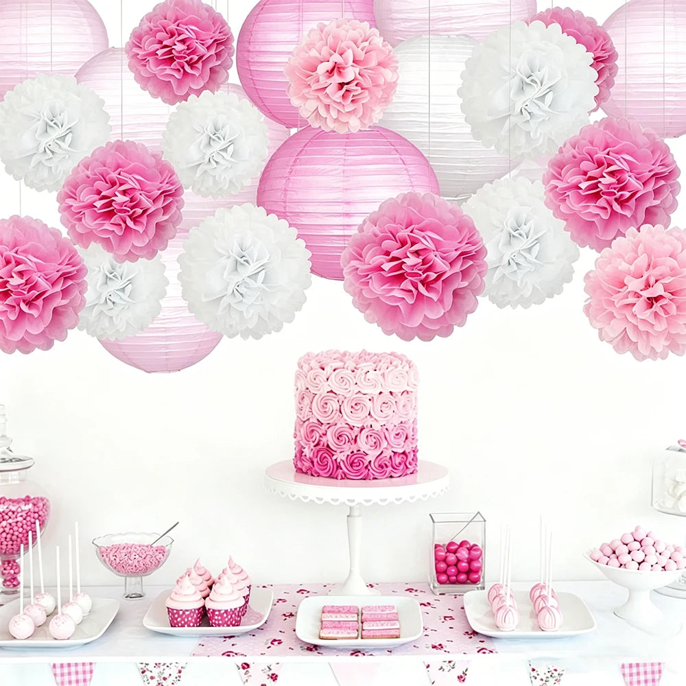Pink White Paper Lanterns Tissue Pom Poms Bridal Shower Wedding