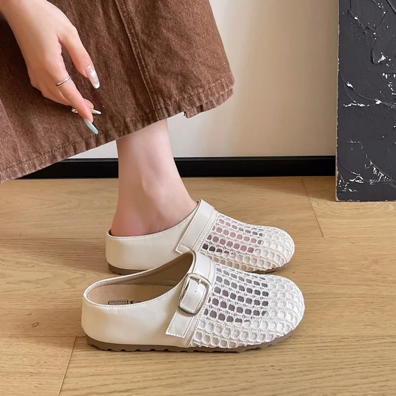 Women's Round Closed Toe Mesh Fabric Hollow Out Breathable Mid Heel Zpaxo