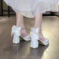 Ladies Heels Elegant Bow Square Toe Black Fashion Women's Pumps Thick Zpaxo Beige2 37(Foot 23.5cm) China Mainland