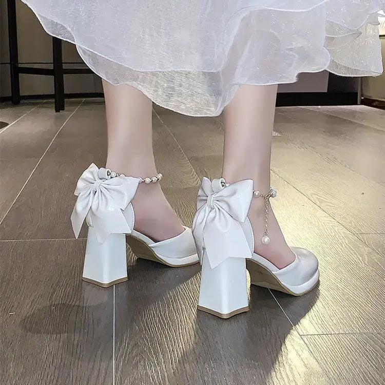 Ladies Heels Elegant Bow Square Toe Black Fashion Women's Pumps Thick Zpaxo Beige2 37(Foot 23.5cm) China Mainland