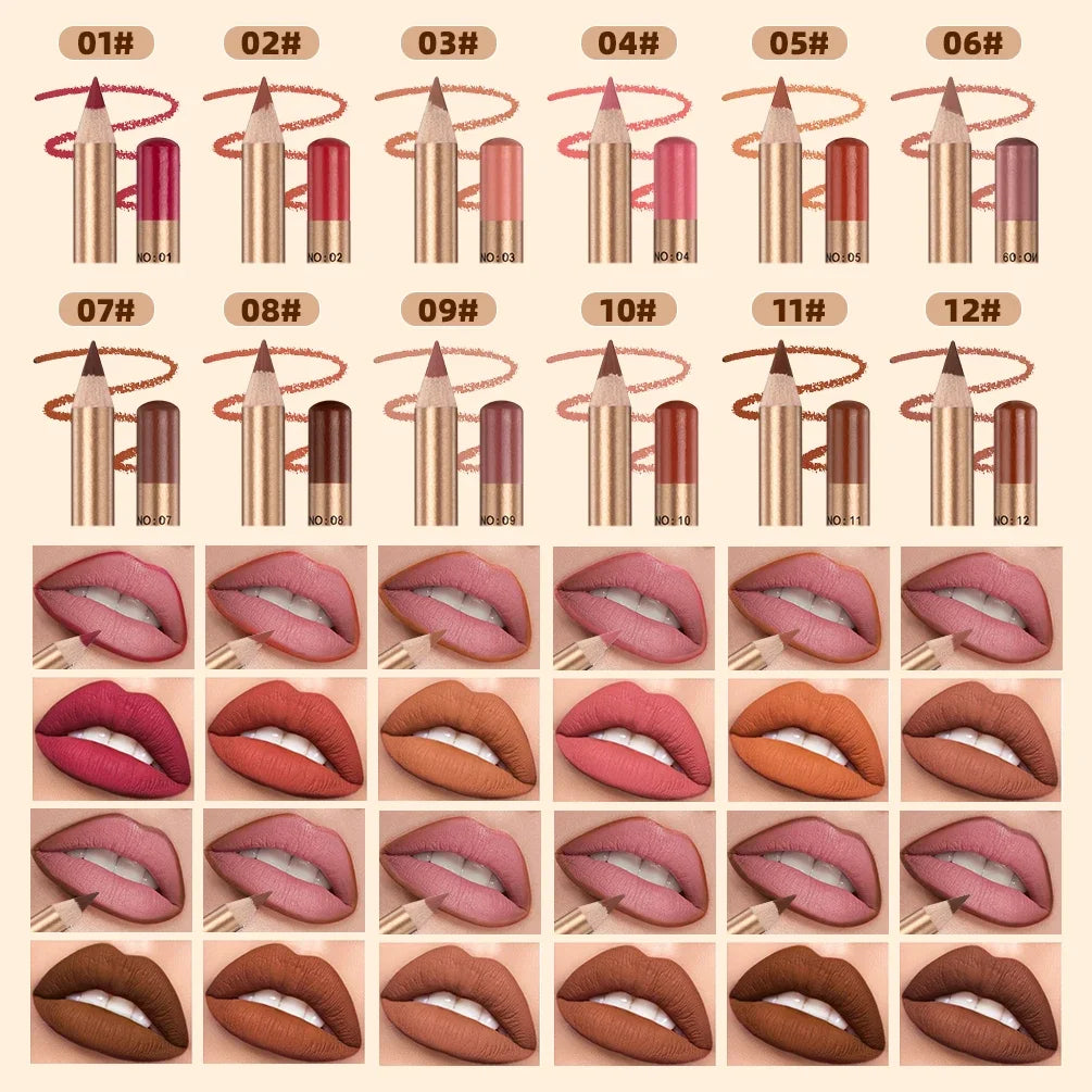 12 Colors Sexy Matte Lipstick Pencil Waterproof Lasting Lip Liner Pen Non-stick Cup Lip Liner Contour Pencil Beauty Makeup Sets Zpaxo