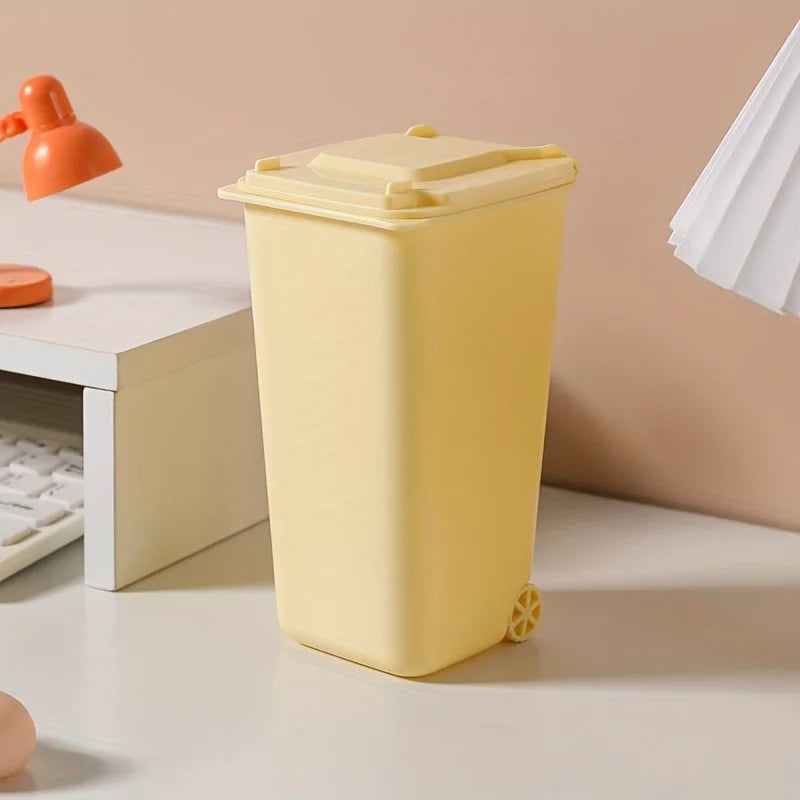 Mini Desktop Trash Can Wheels Lid Manual Lift Plastic Pen Holder