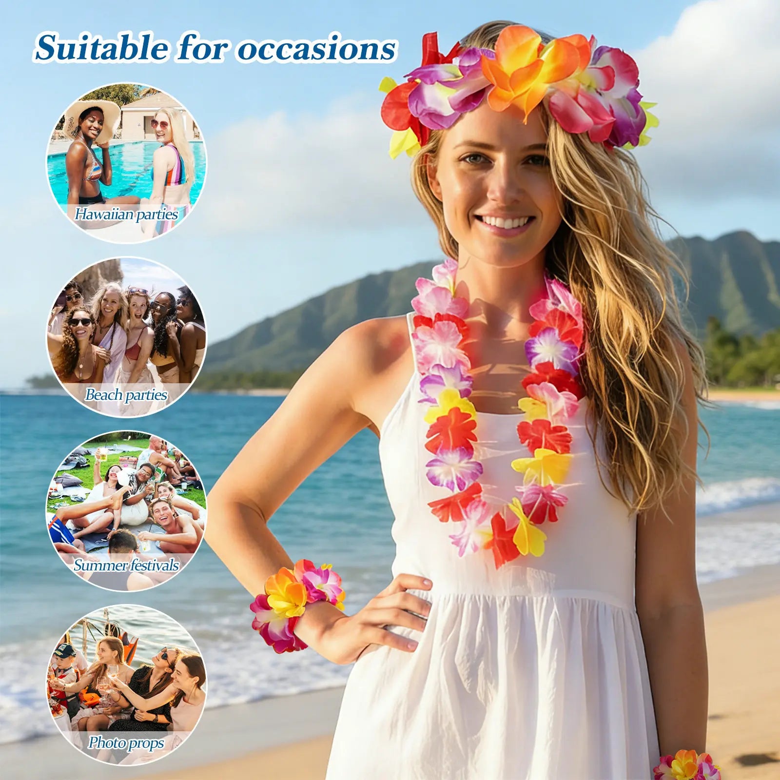 4Pcs Colorful Flower Decoration Set Necklace Headband Bracelet Garland for Tropical Party Beach Event Wall Hanging Use Zpaxo