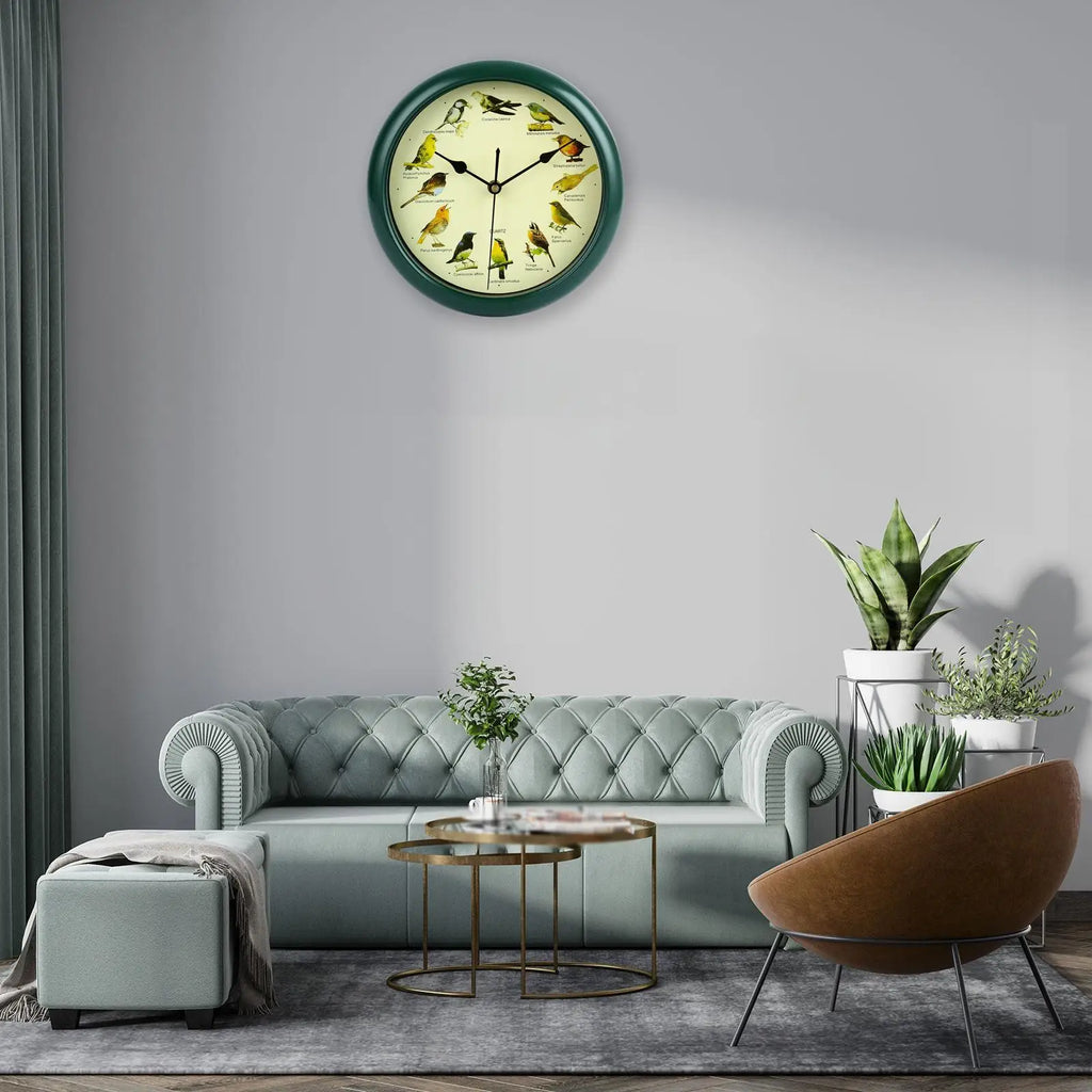 25cm Musical Birds Wall Hanging Sound Clock Battery Operated Household Interior Green Frame for Bedroom Housewarming Gift Zpaxo