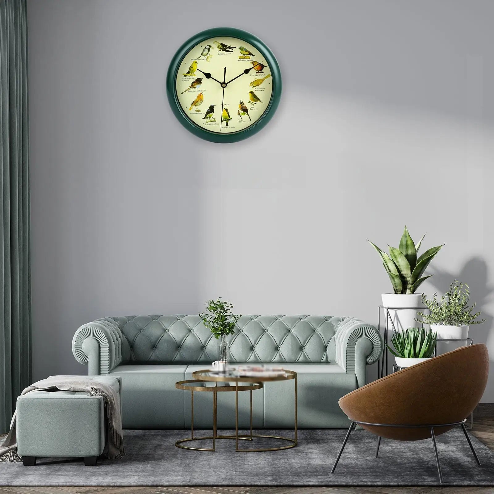 25cm Musical Birds Wall Hanging Sound Clock Battery Operated Household Interior Green Frame for Bedroom Housewarming Gift Zpaxo