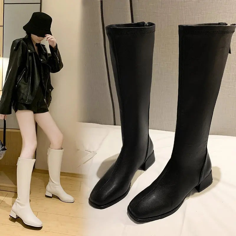 2023 Women Knee Boots Female Leather Knight Ties Lady Heels White Zpaxo