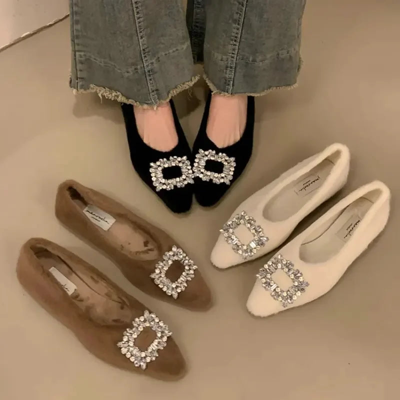 Flat Shoes for Women's Autumn Winter Rhinestone Pointed Toe Hairy Shoes Outerwear Plus Velvet Plus Plus Large Size Cotton Shoes Zpaxo