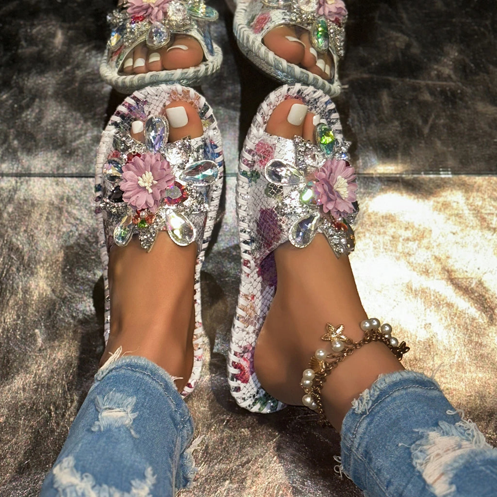 Women Slippers Outdoor Flats Bling Sandals Crystal Flower Summer Zpaxo