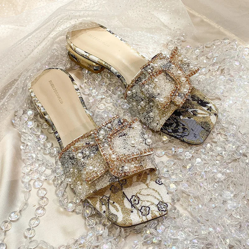 Slippers for Women 2025 New Summer Rhinestone Thick Heel Sandals for Women Fashion Flat Bottom for Women Outside Sandals Zpaxo
