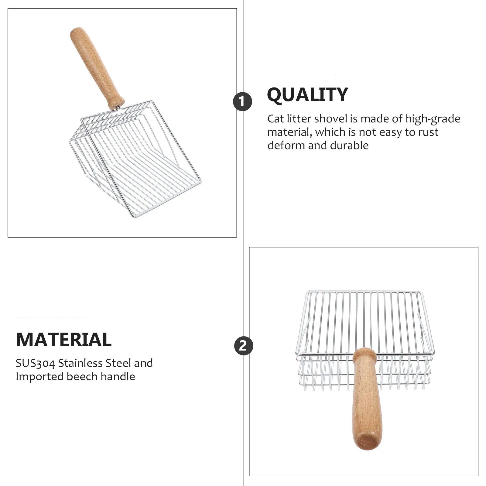 High-grade Stainless Steel Wood Handle Cat Litter Scoop Ergonomic
