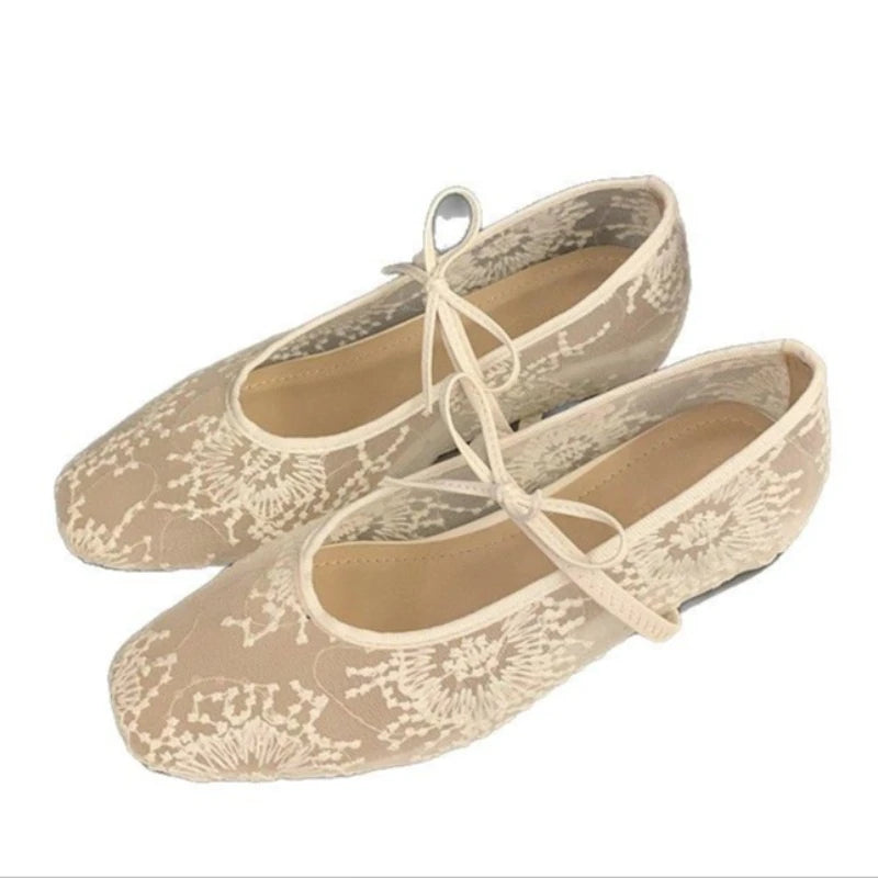 Mesh Lace Inner Heightening Women's Shoes Summer New Sexy Square Head Shallow Breathable Ballet Shoes Bow Flat Shoes Zpaxo