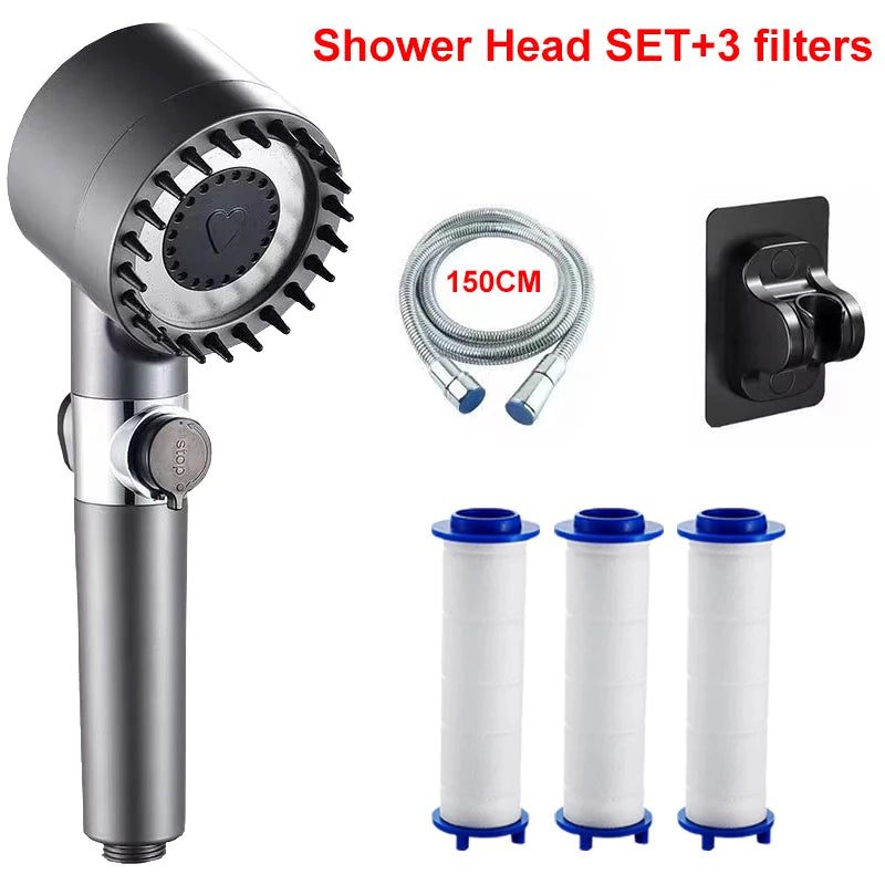 4 Modes Showerhead Pressure Shower Head Water Filtration Massage Zpaxo Grey Set A