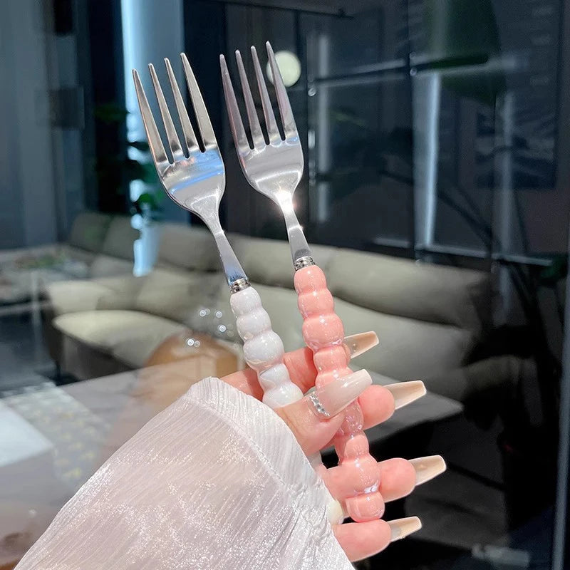 Pearl Handle Fork Stainless Steel Dessert Household Steak Pasta Salad Zpaxo