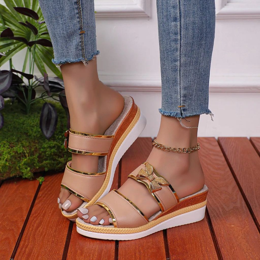 2025 New Women Wedges Sandals Luxury Platform Slippers Summer Sexy Open Toe Women Shoes Shiny High Heels Women Beach Shoes Zpaxo Khaki 39