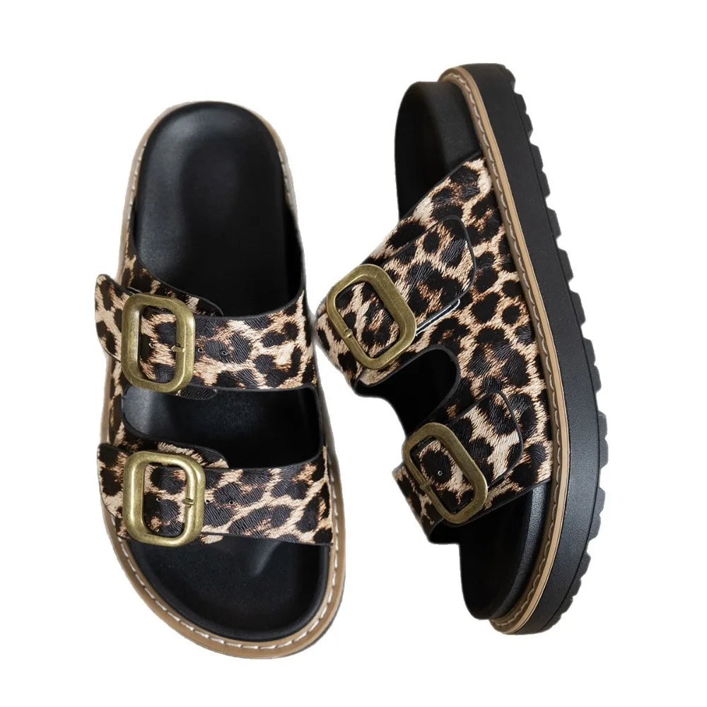 Leopard Print Thick Soled Slippers Women 2026 Summer Open Toe Beach