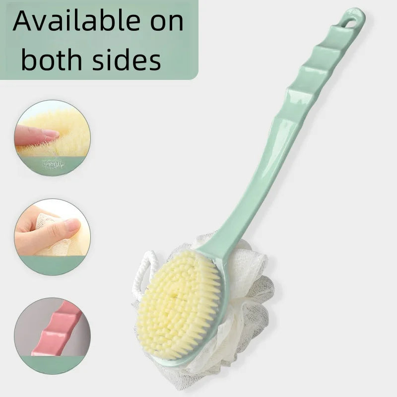Dual-purpose long-handled bath brush with soft bristles for home use, with bath flower, for scrubbing back during bath Zpaxo green