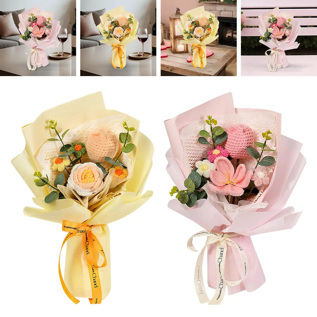 Crochet Tulip Flower Bouquet Decoration Completed Handmade Knitted Bouquet for Mothers Day Gifts Party Birthday Home Wedding Zpaxo