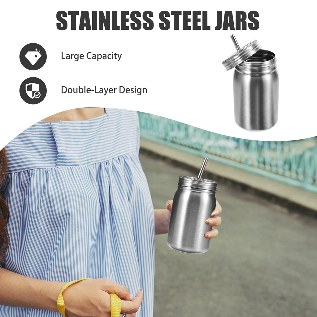 Stainless Steel Mason Jars Multi-functional Rustproof Cups Lid Straw