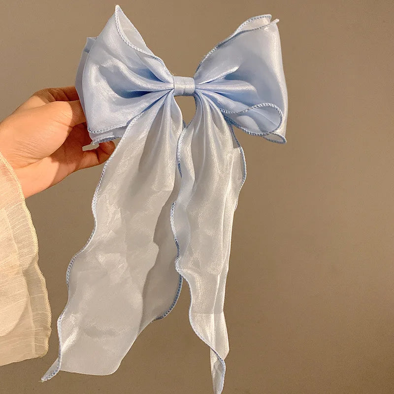 Black Organza Bow Fluttering Ribbon Hair Clips Women French Female Zpaxo blue