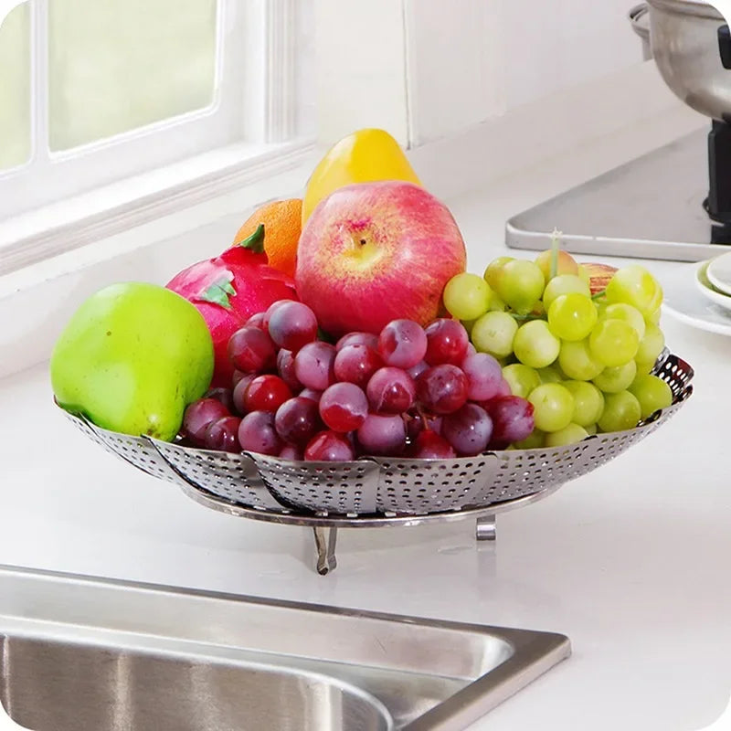 Silver Stainless Steel Retractable Folding Steamer Plate Multifunctional Food Steamer Vegetable Fruit Basket Zpaxo