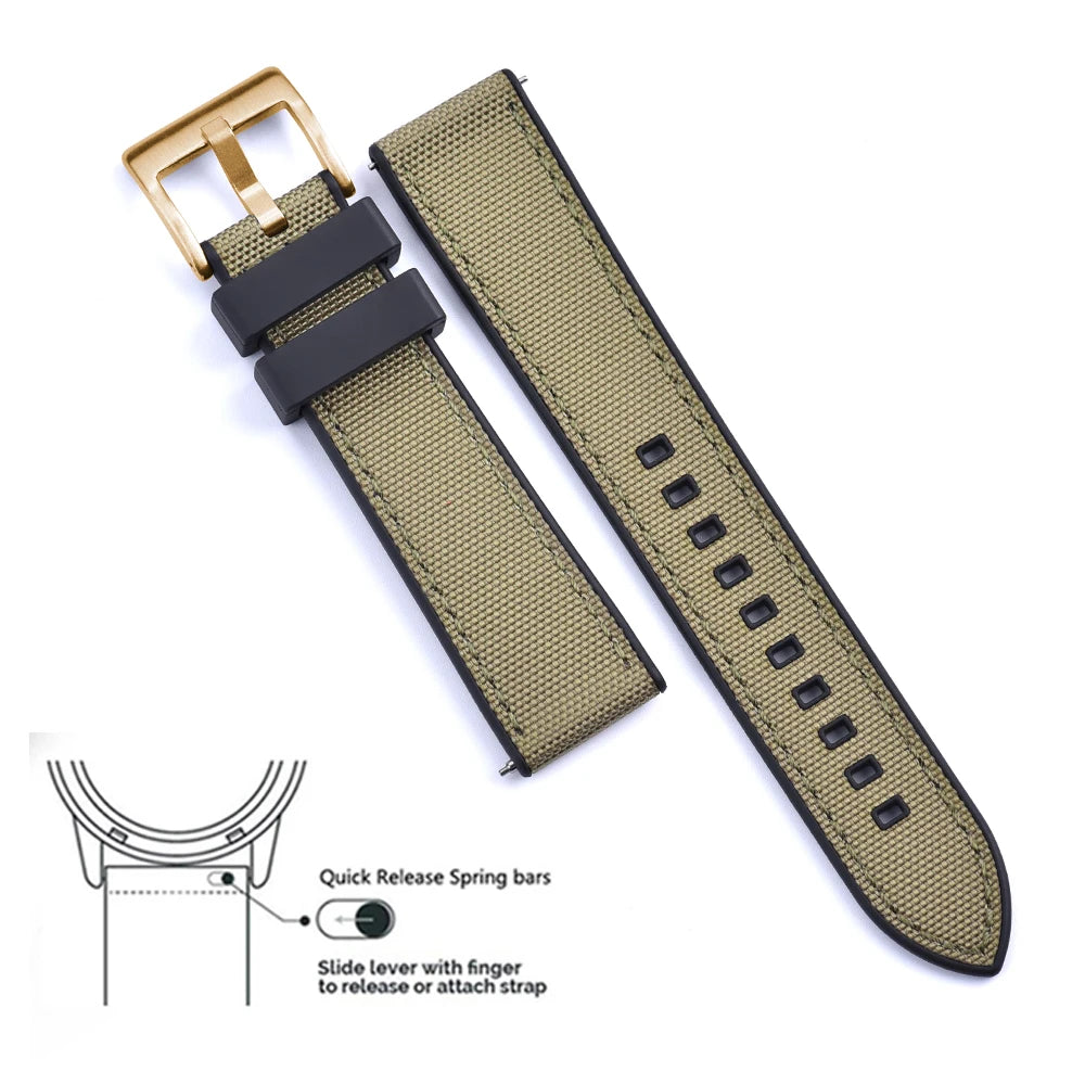 High Quality FKM Canvas Watch Strap 20mm 22mm Hybrid Fluoro Rubber Nylon Watchbands Quick Release For Each Brand Diving Watches Zpaxo Black-Khaki 3 20mm