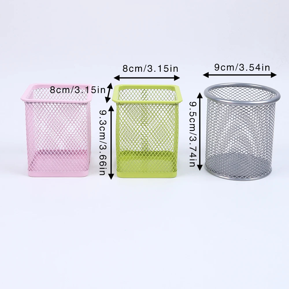 Round Square Pen Holder Desk Metal Mesh Pen Pot Case Pen Container for Student Office Desktops Zpaxo