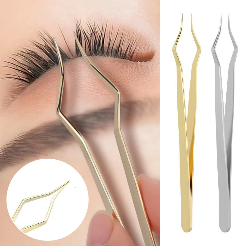 New Silver Gold Lash Extension Tweezers Anti Slip Stainless Steel Curved Tip Tweezers High Precision Nail Art Makeup Beauty Tool Zpaxo