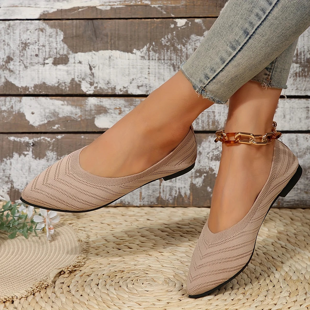 Women's Pointed Toe Flat Shoes Solid Color Knitted Slip on Shoes Casual Breathable Ballet Flats Women Flat Shoes Loafers Women Zpaxo