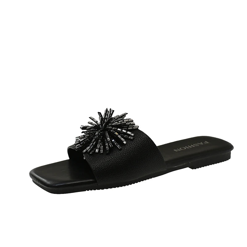 Women's Rhinestone Firework Slide Sandals Black Square Toe Flat