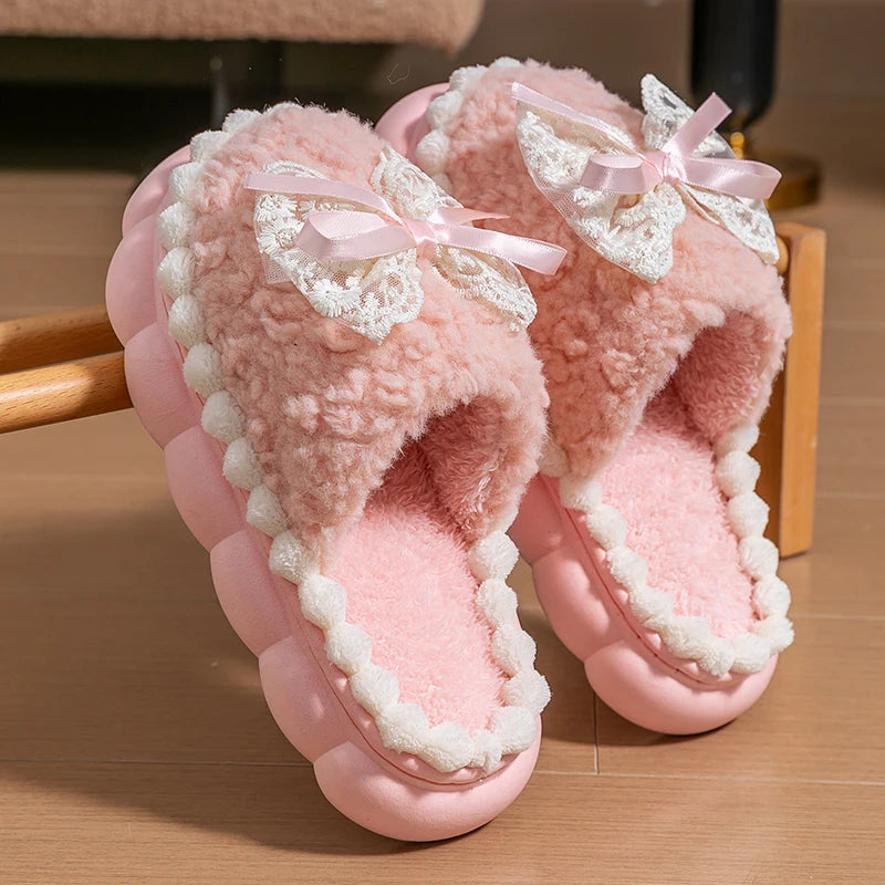 Winter Warm Fur Slippers Women Thick-soled Household Cute Bow Non Zpaxo pink 40-41