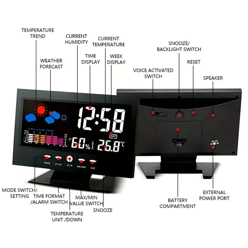 Large Backlit Display Digital Clock Voice Control Weather Station 12