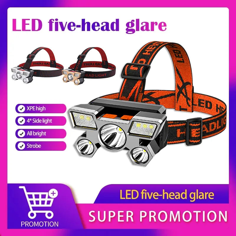 5 LED USB Rechargeable Headlamp – COB 18650 Camping Headlight