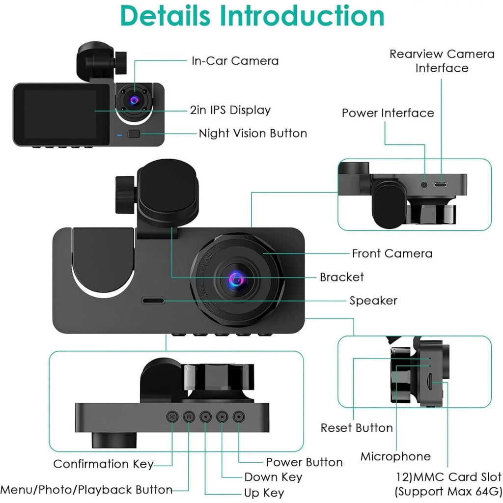 Dual Lens Wifi Dashcam 3 Channels Car Camera Video Recorder Night