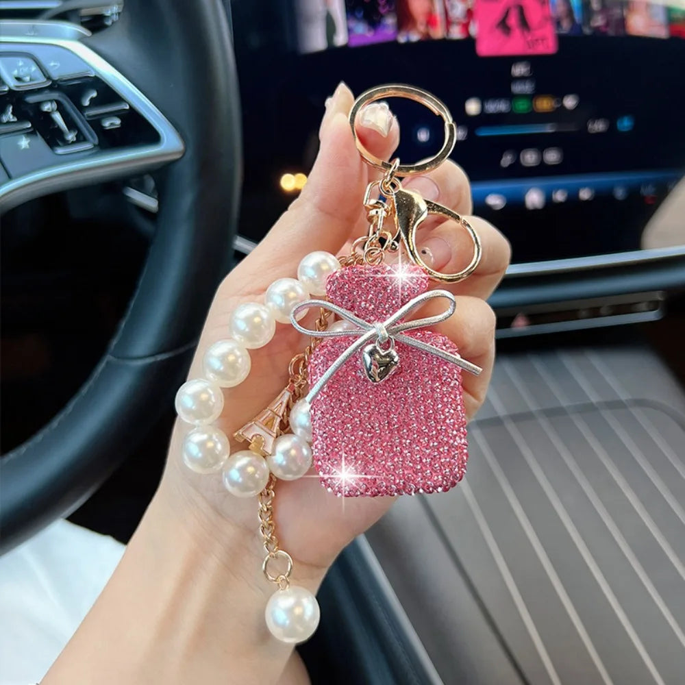 Charming Gift Bow Knot Shape Keychain Pearls Tassel Rhinestone Keyring Rhinestone Inlaid Cute Shape Shape Keyring Decor Zpaxo Pink