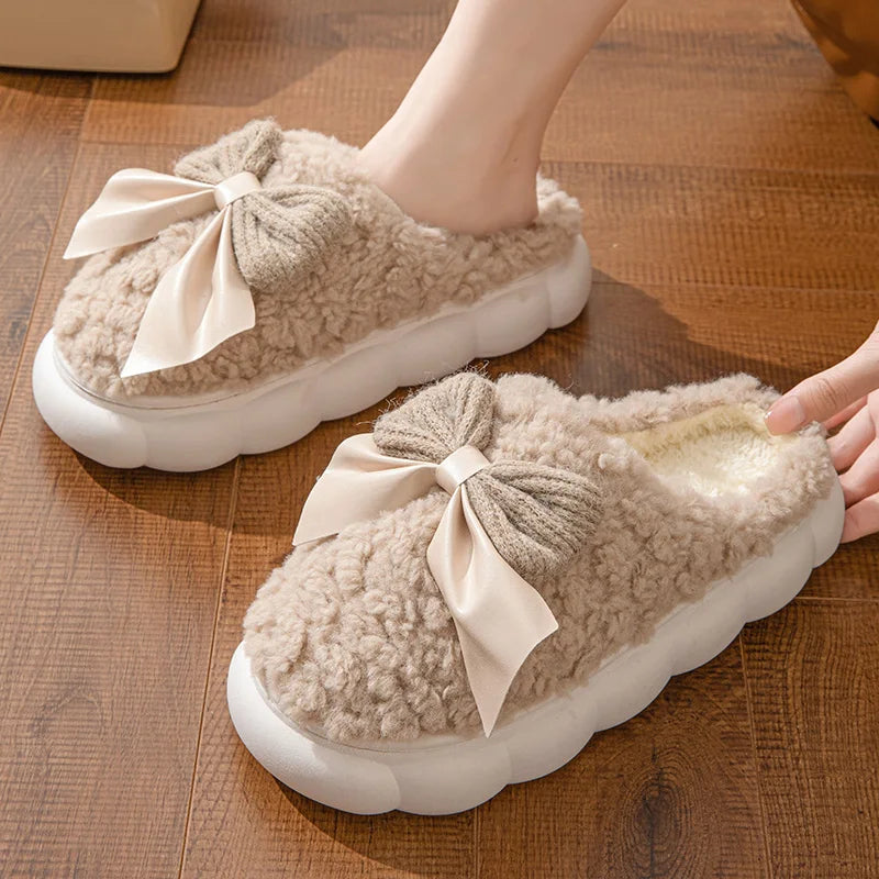 Winter Warm Fur Slippers Women Cute Bow House Non Slip Soft Shoes Zpaxo khaki 40-41