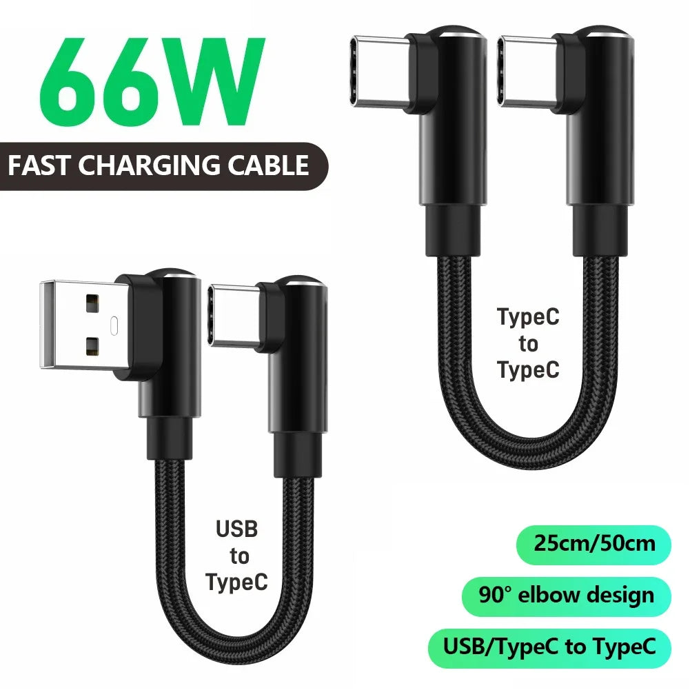 90° Right-Angle 66W 6A USB-C Fast Charging Cable | 25/50cm