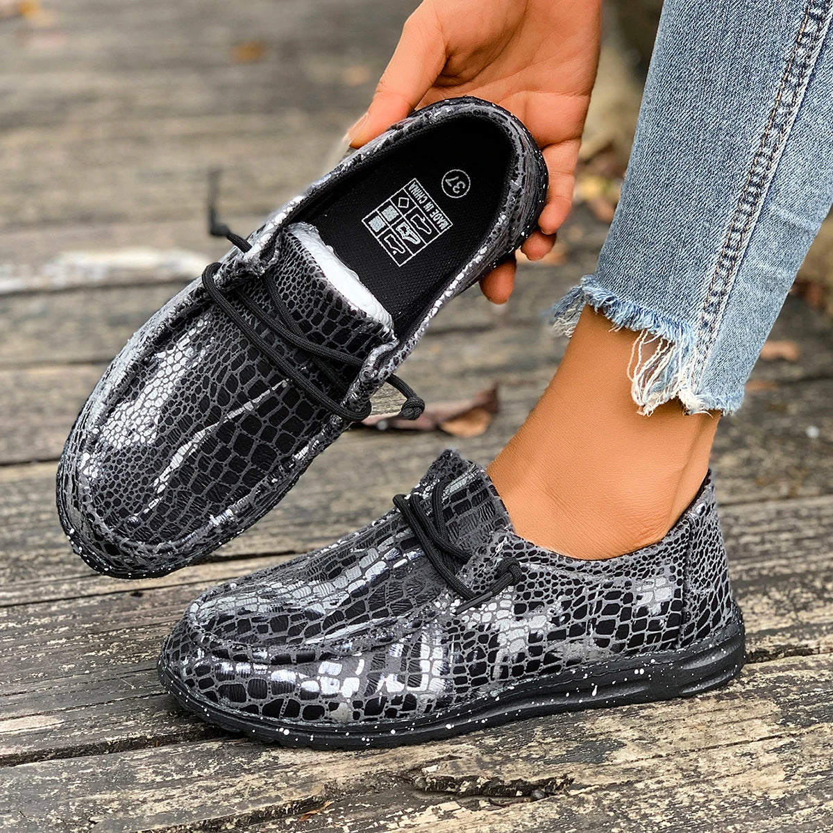 Spring Women Loafers 2025 Printed Canvas Shoes Flat Platform Casual Toe Shoes Women Breathable Autumn Fashion Sneakers Women Zpaxo GRAY 39