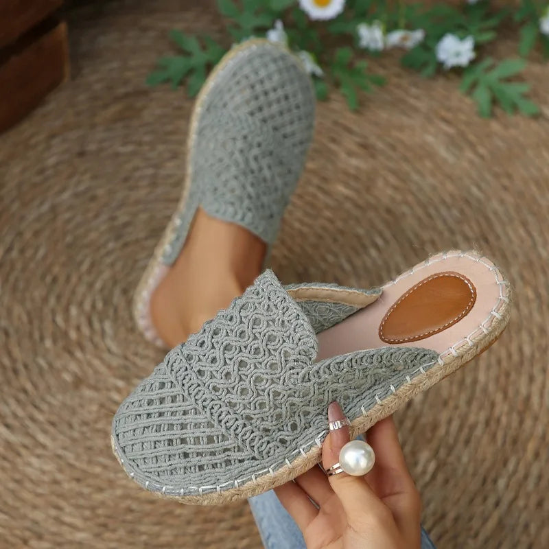Summer Weaving Women's Round Closed Toe Vintage Breathable Slippers Zpaxo Blue 43